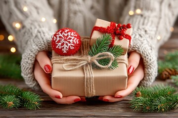 Woman's hands holding a rustic christmas gift with fir decoration.