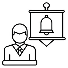 Line drawing of a man showing a bell on a presentation screen