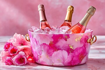 Bottles of pink rose champagne chilling in a stylish ice bucket.