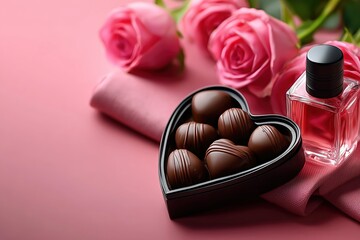 Romantic valentine's day gift with chocolates perfume and roses.