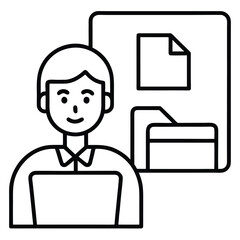 line drawing of a man with a laptop and documents