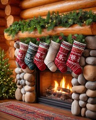 Christmas stockings hanging on a cozy stone fireplace mantel.
