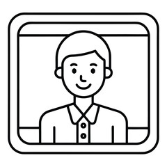 line drawing of a smiling man in a video call on a computer screen