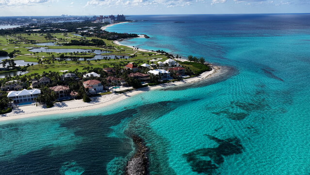 Arawak Beach At Paradise Island In Nassau Bahamas. Beach Landscape. Downtown District. Travel Destination. Arawak Beach In Paradise Island In Nassau Bahamas. Nature Seascape.