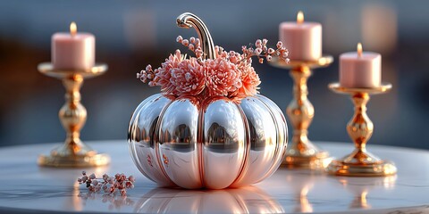 Silver pumpkin centerpiece with candles for an autumn table setting.