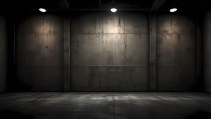 An empty vintage room features a dark textured grunge wall and old wooden floor with a gray concrete backdrop for architectural interior design