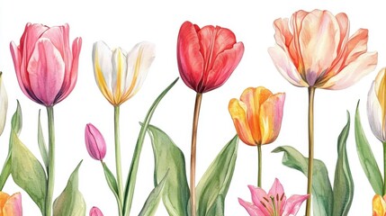 Obraz premium Vibrant watercolor tulips in full bloom on a pristine white backdrop