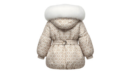 Beige and brown patterned quilted winter coat for a girl with a white furtrimmed hood and belt, back view isolated on transparent background