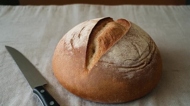 Freshly baked round bread loaf with a knife on a tablecloth