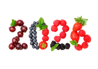 Creative fruit arrangement for 2026 new year celebration with berries and cherries on transparent background