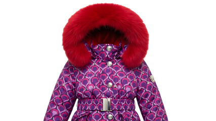 Luxury childrens winter puffer coat with bright red fur hood and purple patterned fabric isolated on transparent background