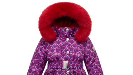 Luxury childrens winter puffer coat with bright red fur hood and purple patterned fabric isolated on transparent background