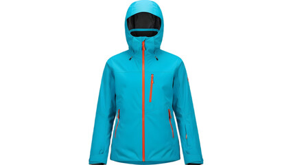 Bright blue womens technical ski or snowboard jacket with hood and orange zippers, isolated on transparent background