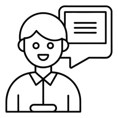 Line drawing of smiling man with speech bubble
