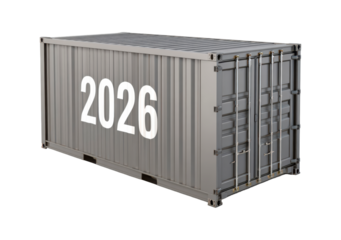 Shipping container with 2026 numerals for industrial and logistics concept on transparent background