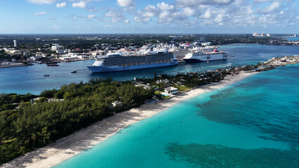 Cruise Ship At Nassau In New Providence Bahamas. Port Of Nassau Scene. Cruise Port Terminal. Downtown City. Cruise Ship At Nassau In New Providence Bahamas. Cruise Sailing.