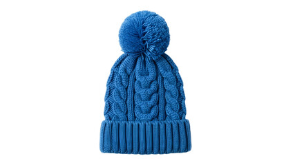 Bright blue knitted winter beanie hat with pom pom for cold weather isolated on transparent background