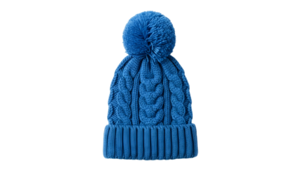 Bright blue knitted winter beanie hat with pom pom for cold weather isolated on transparent background