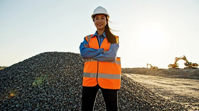 Confident Asian female construction worker in safety gear standing with arms crossed at a site with excavators. Industrial project leadership concept suitable for business ads.
