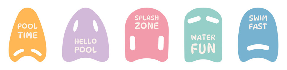 Set of swimming kickboards icons with hand drawn typography for kids summer swimming design. Colorful swim boards. Equipment for pool. Flat vector illustration