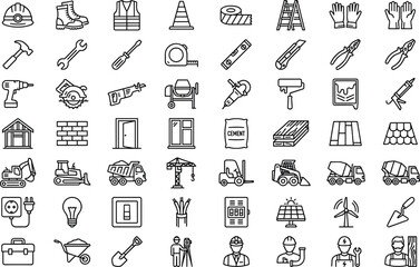 Construction and industrial tools icon set featuring safety equipment machinery materials workers symbols for building engineering renovation and infrastructure projects