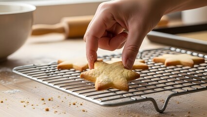 Hand picking star shaped cookies from cooling rack.
