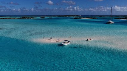 Exuma Skyline At Exuma Islands In Black Point Bahamas. Beach Landscape. Shades Of Blue Watercolor. Travel Destination. Exuma Skyline In Exuma Islands In Black Point Bahamas. Nature Seascape. © bydronevideos