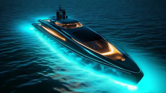 Modern sleek luxury yacht with illuminated underwater lights sailing on calm dark ocean, symbol of elegance, glamour, lifestyle, wealth, maritime travel, nautical freedom, adventure, vacation leisure