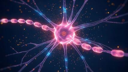 A neural network neuron synapse axon dendrite myelin biology science brain connection pulse energy deep space style glowing pink blue neuron with branching dendrites and myelinated axon microscopic
