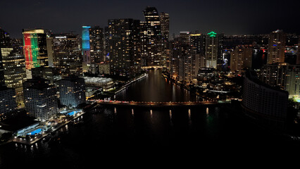 Fototapeta premium Brickell Bay At Miami In Florida United States. Illuminated City. City At Night Scenery. Downtown District. Brickell Bay At Miami In Florida United States. Amazing Cityscape.