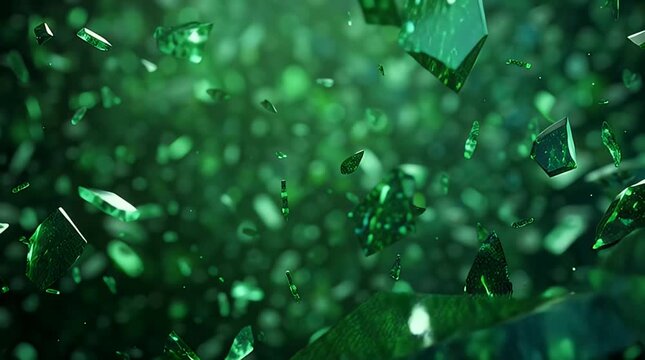 Emerald crystal shards floating in dark green background