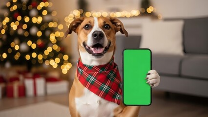 Smiling canine friend presenting a bright green screen smartphone, ideal for festive digital content and seasonal greetings