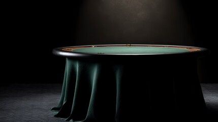 A dimly lit, circular gaming table, covered in a dark green cloth, against a stark, shadowy backdrop. A single spotlight highlights the center