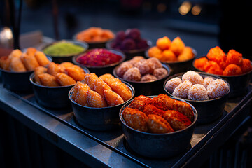 night market desserts, fried sweet treats stall with vibrant colors, night market vibe, and a cinematic aesthetic in street-food style