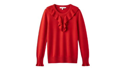 Bright red cashmere sweater with ruffled neckline for women or girls isolated on transparent background