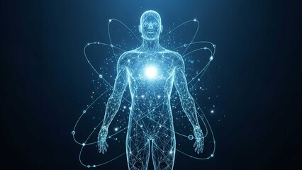Glowing Blue Human Body with Atomic Structure on Dark Background