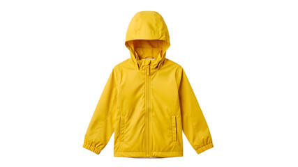 Yellow childrens raincoat with hood for outdoor wear isolated on transparent background