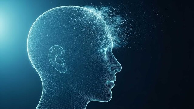 Blue Glowing Human Head Disintegrating into Particles