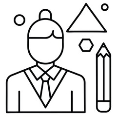 Simple line drawing of a person with a tie and thought bubbles with geometric shapes and a pencil