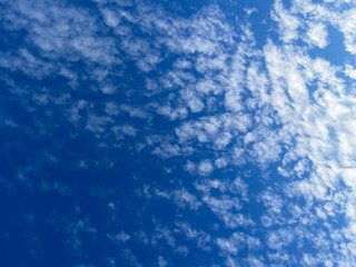 Blue sky with small white clouds. The image creates a peaceful and scenic nature view