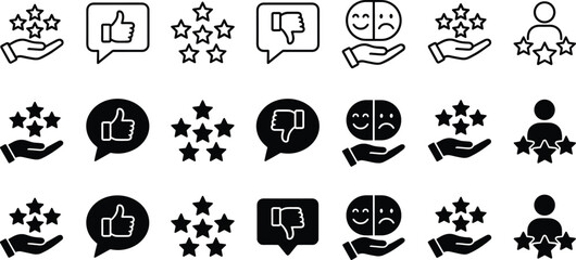 Customer feedback rating icon set featuring stars likes dislikes satisfaction emotions reviews evaluation symbols for service quality and user experience