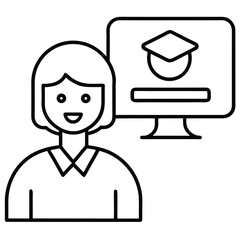 woman in front of computer screen with graduation cap icon