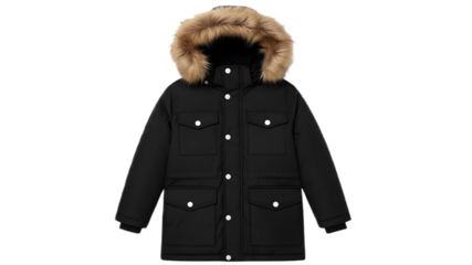 Black winter parka jacket with fur hood for men or boys, isolated on transparent background