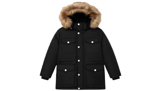Black winter parka jacket with fur hood for men or boys, isolated on transparent background