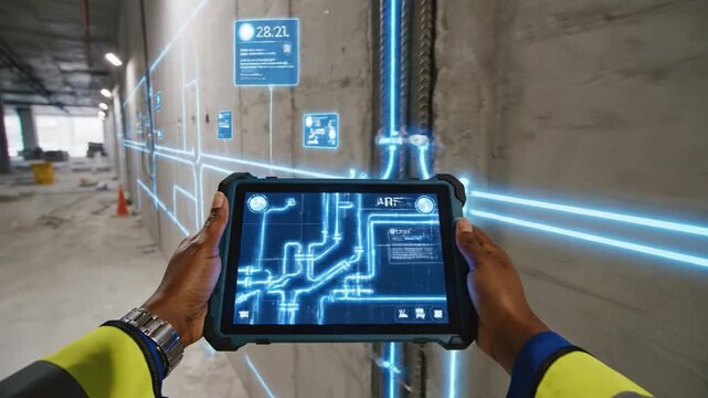 POV of worker using tablet with AR software to see hidden pipes in concrete wall. Concept of modern construction technology and smart engineering.