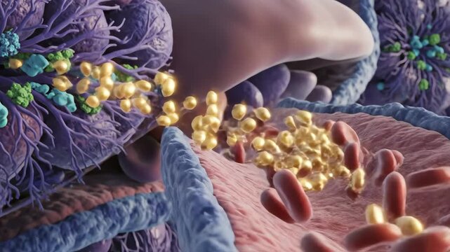 Glycogen breakdown during fasting states, showing enzymes releasing glucose molecules in glowing cascades. These particles drift outward into the bloodstream through capillaries