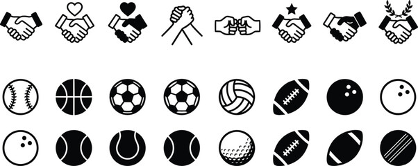 Handshake and sports icon set featuring partnership teamwork balls symbols for business friendship competition unity and athletic concepts branding design