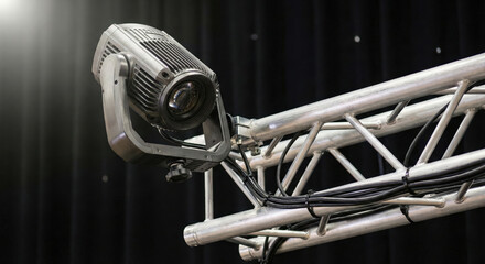 Stage lighting fixture mounted on truss system, illuminating a dark theater backdrop with bright spotlight