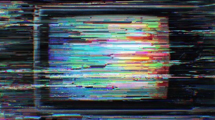 A distorted electronic screen displaying colorful horizontal lines and noise. The image suggests a broken signal or static