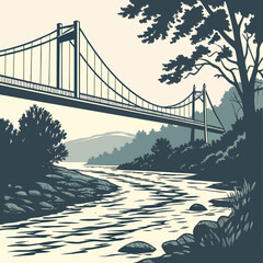 Title: A shield-shaped emblem with a mountain landscape and river in a black and white